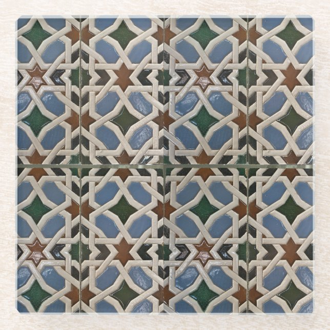 Posavasos De Vidrio Verde azul del mosaico mediterráneo (Anverso)