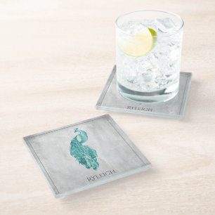 Posavasos De Vidrio Verde azulada elegante Peacock Personalizado Glass