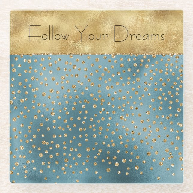 Posavasos De Vidrio Verde azulado Green Gold Luxe Glam Purpurinas Dots (Anverso)