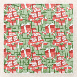 POSAVASOS DE VIDRIO VERDE CON PRESENTES DE NAVIDAD ROJA Y BLANCA