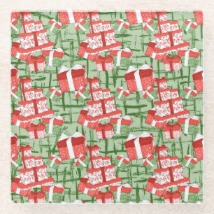 POSAVASOS DE VIDRIO VERDE CON PRESENTES DE NAVIDAD ROJA Y BLANCA