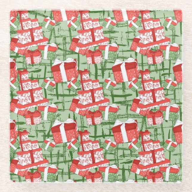 POSAVASOS DE VIDRIO VERDE CON PRESENTES DE NAVIDAD ROJA Y BLANCA (Anverso)