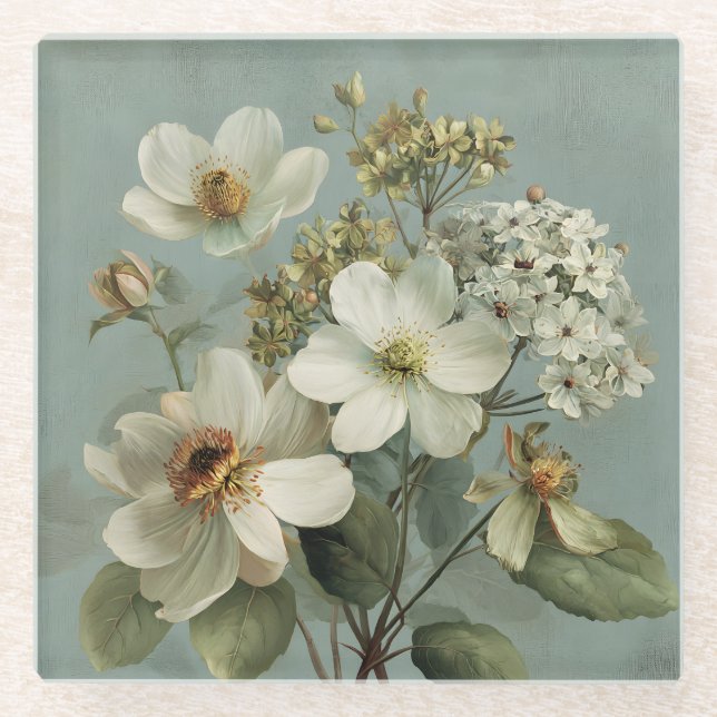 Posavasos de vidrio verde esmeralda con flores de  (Anverso)
