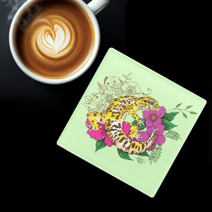 Posavasos De Vidrio Verde Gecko Amarillo Leopardo