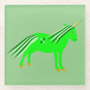 Posavasos De Vidrio Verde irlandés lindo y unicornio de oro