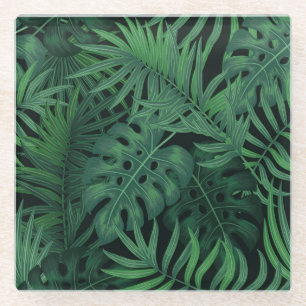 Posavasos De Vidrio Verde Noche tropical: Patrón vegetal exótico