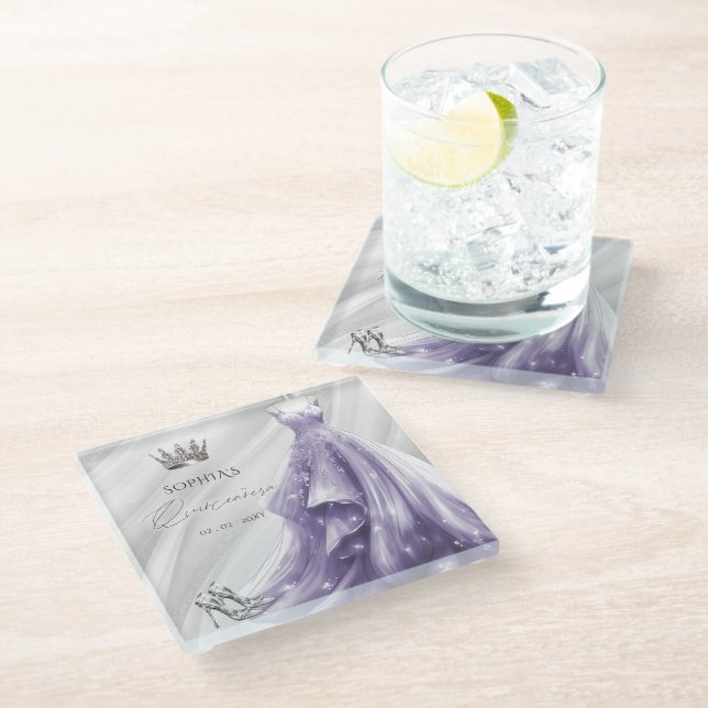 Posavasos De Vidrio Vestido púrpura plateado Princesa Quinceañera (Angular)