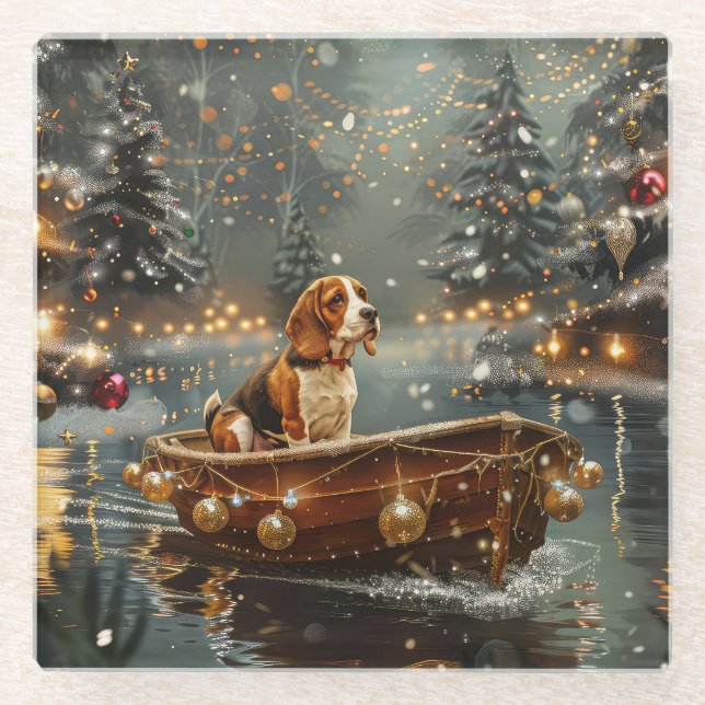 Posavasos De Vidrio Viaje festivo de los Navidades Beagle (Anverso)