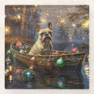 Posavasos De Vidrio Viaje Festivo de Navidad de Bulldog Francés