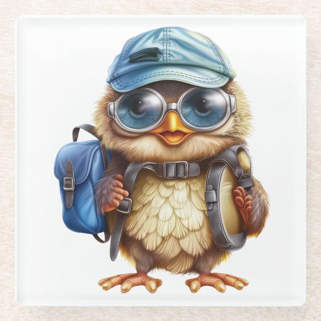 Posavasos De Vidrio Viajero pequeño sabio - Lechuza con mochila (Anverso)