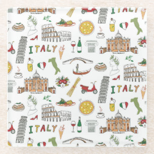 Posavasos De Vidrio Viajes italianos, comida nacional, patrón de doodl