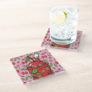 Posavasos De Vidrio Vibraciones de Cereza Roja Kawaii Estética Femenin