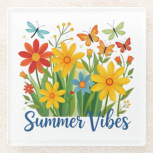 Posavasos De Vidrio Vibraciones de Verano Floral con Mariposas