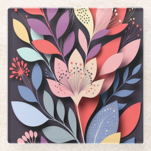Posavasos De Vidrio Vibrant Botanical Paper-Cut Bloom (Anverso)