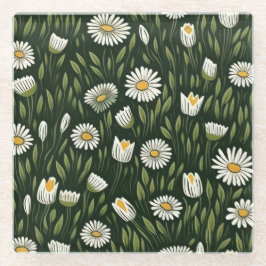 Posavasos De Vidrio Vibrant Daisy Pattern with Lush Green Accents