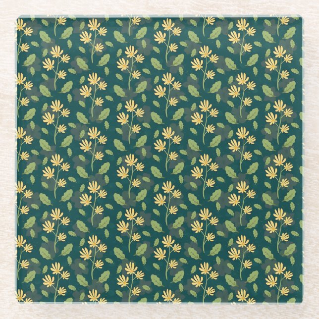 Posavasos De Vidrio Vibrant Green Pattern with Yellow Flowers & Leaves (Anverso)