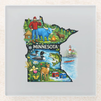 Posavasos De Vidrio Vibrant Minnesota State Map-Paul Bunyan/Northwoods