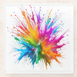 Posavasos De Vidrio Vibrant Rainbow Paint Splatter Explosion