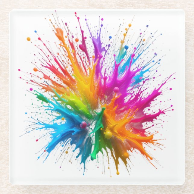 Posavasos De Vidrio Vibrant Rainbow Paint Splatter Explosion (Anverso)