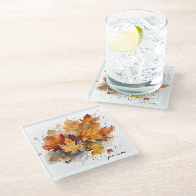 Posavasos De Vidrio Vibrante acuarela de arce otoñal, personalizado (Angular)