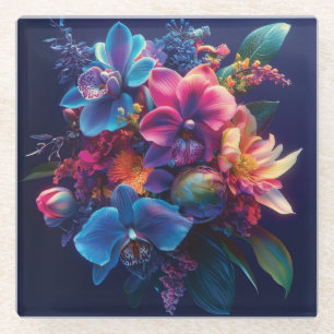 Posavasos De Vidrio Vibrante Bouquet floral con flores de neón