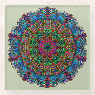 Posavasos De Vidrio Vibrante Mandala Patrón floral y geométrico