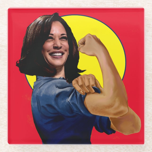 Posavasos De Vidrio Vice Presidente Kamala Harris como Rosie (Anverso)