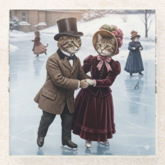 Posavasos De Vidrio Victorian Skating Cats Glass Coaster