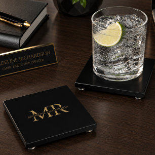 Posavasos De Vidrio Vidrio ejecutivo de monograma personalizado en neg