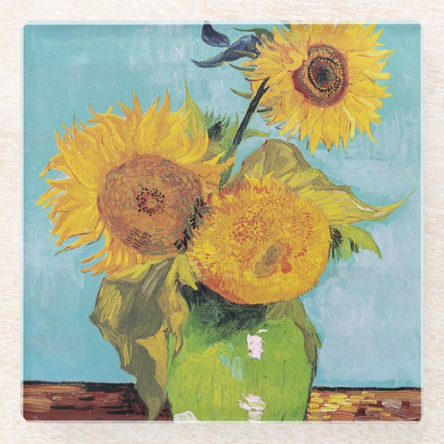 Posavasos De Vidrio Vincent Van Gogh - Tres girasoles en una caja (Anverso)