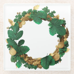 POSAVASOS DE VIDRIO VINO VERDE Y ORO ORNAMENTAL IRLANDÉS Y HOJAS