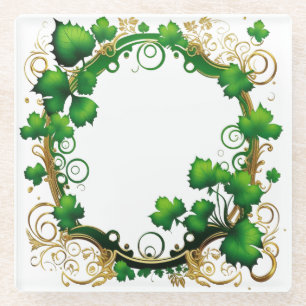 POSAVASOS DE VIDRIO VINO VERDE Y ORO ORNAMENTAL IRLANDÉS Y HOJAS