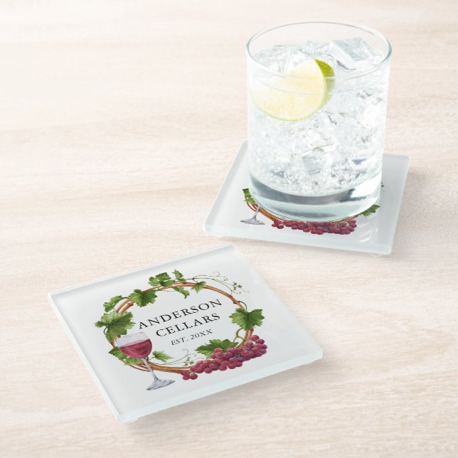 Posavasos De Vidrio Vinos de uva acuarela Nombre de la bodega de vino (Angular)