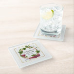 Posavasos De Vidrio Vinos de uva acuarela Wreath Welar Celer Gold<br><div class="desc">Uvas de color de agua elegante y moderna Vines Wreath nombre familia Wine Cellar Glass Coaster - Marco dorado</div>