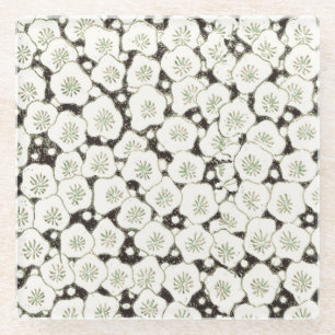 Posavasos De Vidrio Vintage 1902 Japonés Floral: Flor Blanca Negra