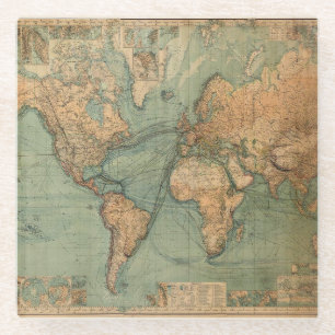 Posavasos De Vidrio Vintage Antiguo Mapa del Mundo Elegante