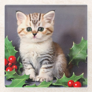 Posavasos De Vidrio Vintage Christmas Kitten and Holly
