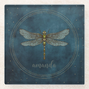 Posavasos De Vidrio Vintage Dark Blue Celestial Mystical Dragonfly