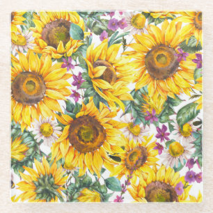 Posavasos De Vidrio Vintage de girasol: florecimiento amarillo veranie