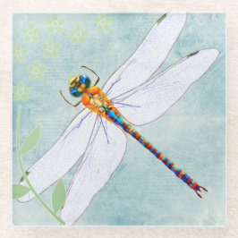 Posavasos De Vidrio Vintage Dragonfly on Faded Floral Background