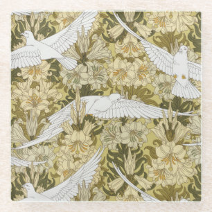 Posavasos De Vidrio Vintage Estampado Floral Verde Salvia Paloma y Lir