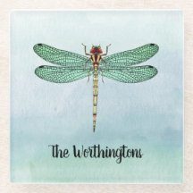 Vintage Green Gold Dragonfly sobre las aguas azule