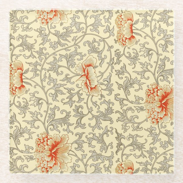 Posavasos De Vidrio Vintage Gris Gris Gris Botánico Floral (Anverso)