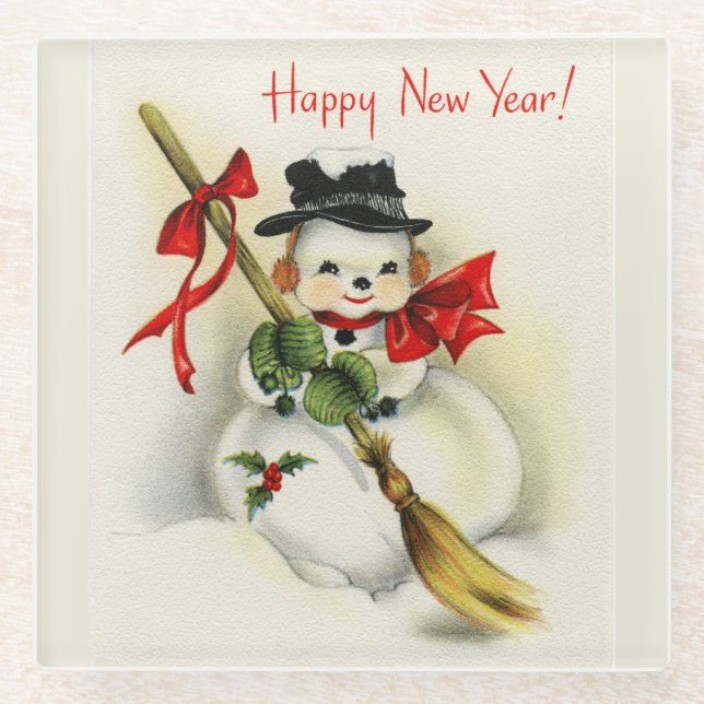 Posavasos De Vidrio Vintage Happy New Year Snowman (Anverso)