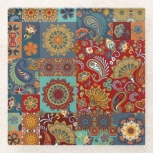 Posavasos De Vidrio Vintage Paisley Mandala Colorido Parche