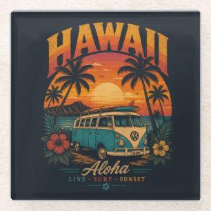 Posavasos De Vidrio Vintage Sunset Palms Surfboard Aloha Hawaiano