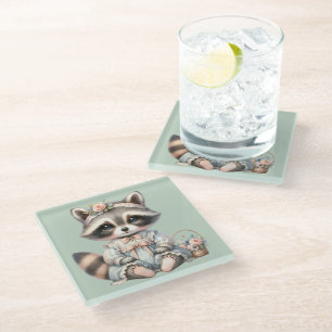 Posavasos De Vidrio Vintage Vestido Cottagecore Raccoon Pastel