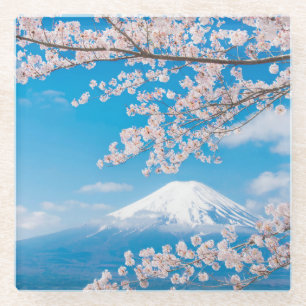 Posavasos De Vidrio Vista del monte Fuji con las flores de cerezo