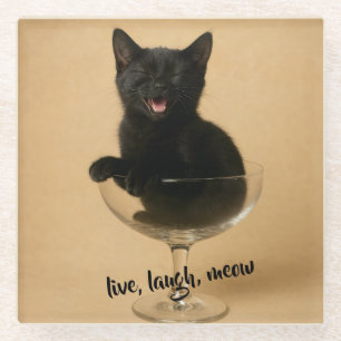 Posavasos De Vidrio Vive Ríe Miau - Gato negro divertido