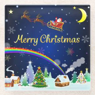 Posavasos De Vidrio Volando Santa Claus con luna creciente